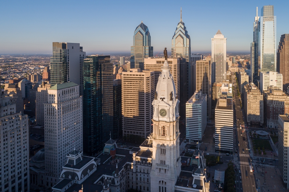 Philadelphia skyline with City Hall near Navy Yard Dental Associates