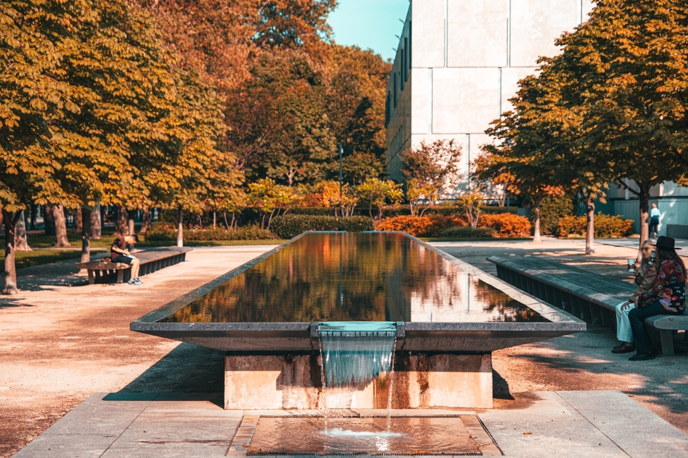 Philadelphia Navy Yard park with reflecting pool near Navy Yard Dental Associates